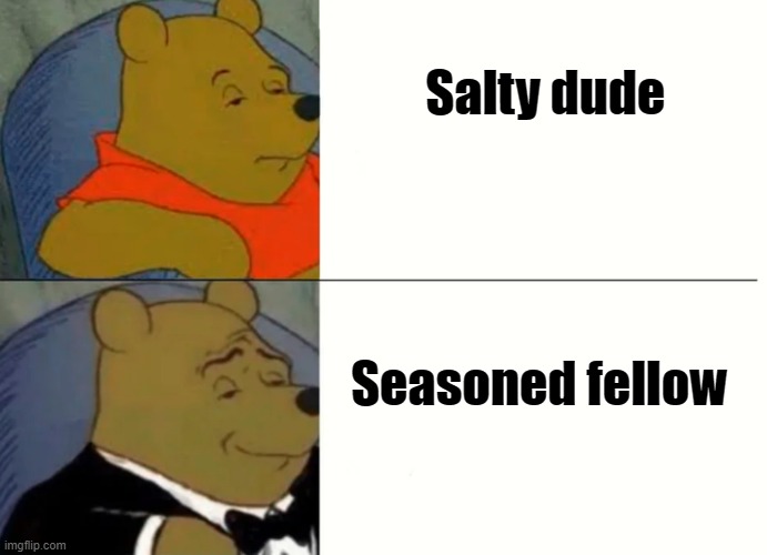 Fancy Winnie The Pooh Meme | Salty dude; Seasoned fellow | image tagged in fancy winnie the pooh meme | made w/ Imgflip meme maker