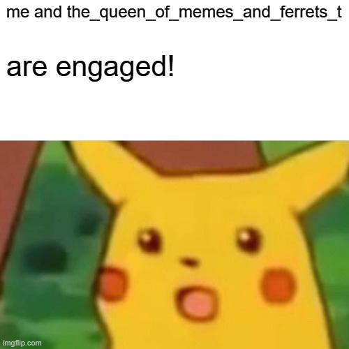 yay | me and the_queen_of_memes_and_ferrets_t; are engaged! | image tagged in memes,surprised pikachu | made w/ Imgflip meme maker