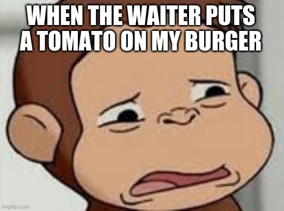 George Disgusted | WHEN THE WAITER PUTS A TOMATO ON MY BURGER | image tagged in curious george disgusted,curious george,monkey,tomato,memes,funny memes | made w/ Imgflip meme maker
