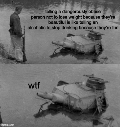 yus | telling a dangerously obese person not to lose weight because they're beautiful is like telling an alcoholic to stop drinking because they're fun; wtf | image tagged in panzer of the lake | made w/ Imgflip meme maker