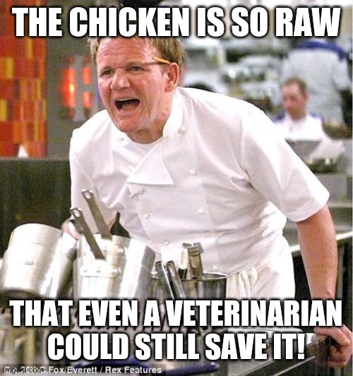 ITS, RAW!! | THE CHICKEN IS SO RAW; THAT EVEN A VETERINARIAN COULD STILL SAVE IT! | image tagged in memes,chef gordon ramsay | made w/ Imgflip meme maker