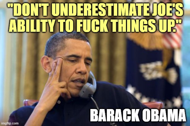 No I Can't Obama Meme | "DON'T UNDERESTIMATE JOE'S ABILITY TO FUCK THINGS UP." BARACK OBAMA | image tagged in memes,no i can't obama | made w/ Imgflip meme maker