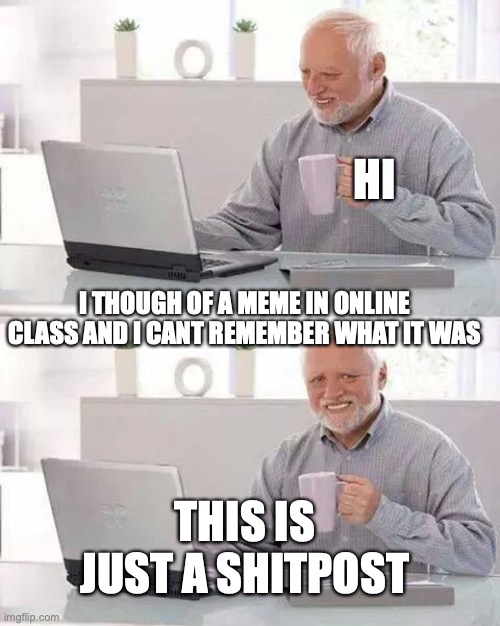 hi | HI; I THOUGH OF A MEME IN ONLINE CLASS AND I CANT REMEMBER WHAT IT WAS; THIS IS JUST A SHITPOST | image tagged in memes,hide the pain harold | made w/ Imgflip meme maker