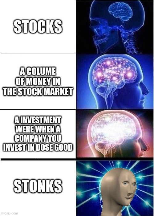 Expanding Brain Meme | STOCKS; A COLUME OF MONEY IN THE STOCK MARKET; A INVESTMENT WERE WHEN A COMPANY YOU INVEST IN DOSE GOOD; STONKS | image tagged in memes,expanding brain | made w/ Imgflip meme maker