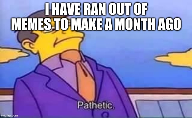 skinner pathetic | I HAVE RAN OUT OF MEMES TO MAKE A MONTH AGO | image tagged in skinner pathetic | made w/ Imgflip meme maker
