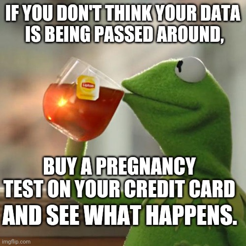 But That's None Of My Business | IF YOU DON'T THINK YOUR DATA
 IS BEING PASSED AROUND, BUY A PREGNANCY TEST ON YOUR CREDIT CARD; AND SEE WHAT HAPPENS. | image tagged in memes,but that's none of my business,kermit the frog | made w/ Imgflip meme maker
