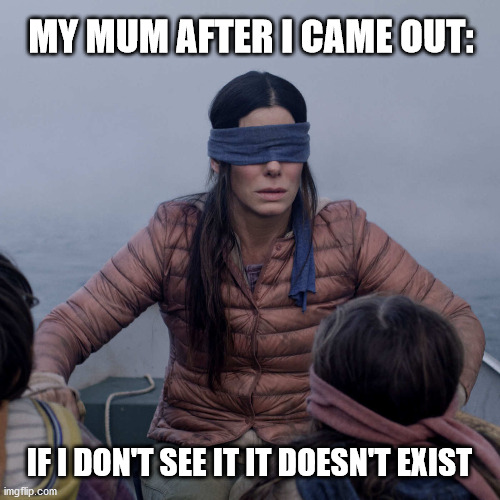 Guess I want to die | MY MUM AFTER I CAME OUT:; IF I DON'T SEE IT IT DOESN'T EXIST | image tagged in memes,bird box | made w/ Imgflip meme maker