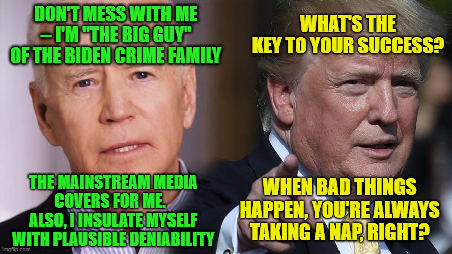 The Godfather | DON'T MESS WITH ME -- I'M "THE BIG GUY" OF THE BIDEN CRIME FAMILY; WHAT'S THE KEY TO YOUR SUCCESS? WHEN BAD THINGS HAPPEN, YOU'RE ALWAYS TAKING A NAP, RIGHT? THE MAINSTREAM MEDIA COVERS FOR ME.   ALSO, I INSULATE MYSELF WITH PLAUSIBLE DENIABILITY | image tagged in joe biden,president trump,crime,election 2020,godfather | made w/ Imgflip meme maker