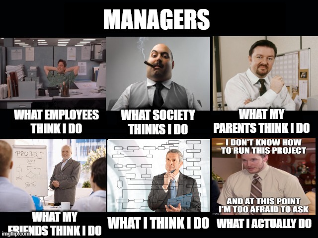 What managers do | MANAGERS; WHAT MY PARENTS THINK I DO; WHAT SOCIETY THINKS I DO; WHAT EMPLOYEES THINK I DO; WHAT MY FRIENDS THINK I DO; WHAT I ACTUALLY DO; WHAT I THINK I DO | image tagged in what my friends think i do,what i think i do,managers,what my parents think i do,what employees think i do,what i actually do | made w/ Imgflip meme maker