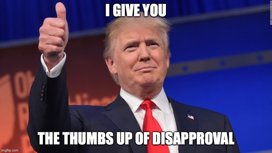 Donald Trump Is Proud | I GIVE YOU; THE THUMBS UP OF DISAPPROVAL | image tagged in donald trump is proud | made w/ Imgflip meme maker
