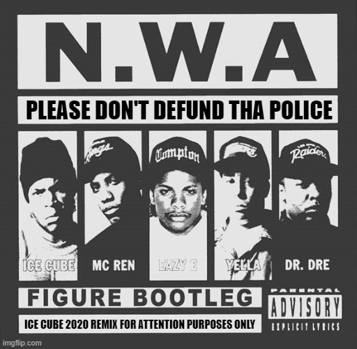 PLEASE DON'T DEFUND THA POLICE | PLEASE DON'T DEFUND THA POLICE; ICE CUBE 2020 REMIX FOR ATTENTION PURPOSES ONLY | image tagged in nwa,ice cube,defund,police,sell out,2020 | made w/ Imgflip meme maker