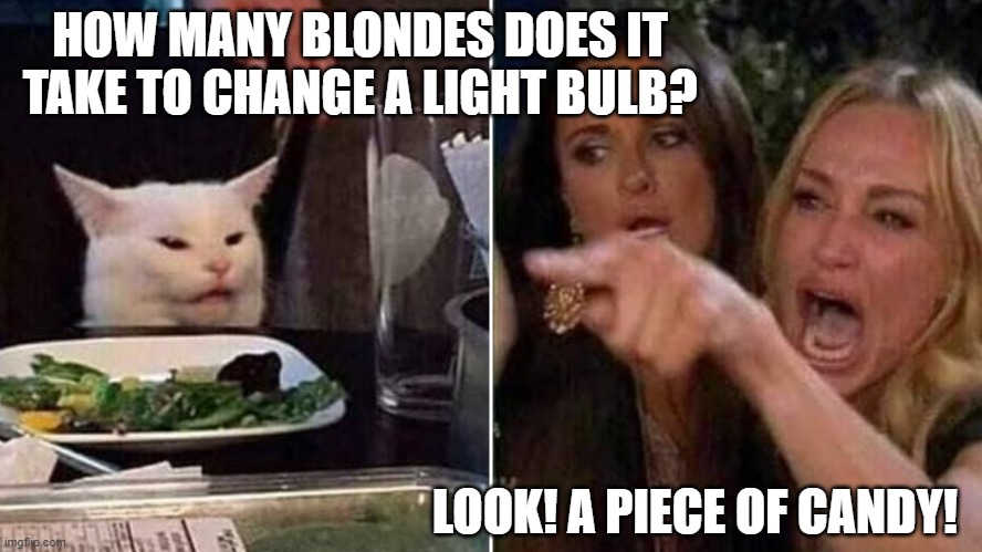 Reverse Smudge and Karen | HOW MANY BLONDES DOES IT TAKE TO CHANGE A LIGHT BULB? LOOK! A PIECE OF CANDY! | image tagged in reverse smudge and karen | made w/ Imgflip meme maker