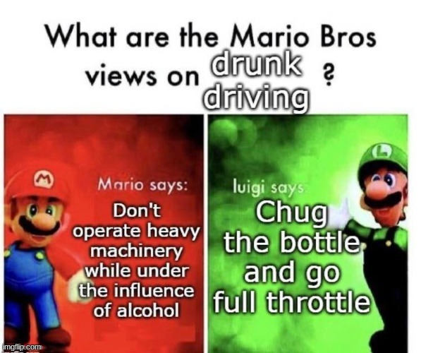 *chugging noises* | image tagged in mario bros views,drunk,driving | made w/ Imgflip meme maker
