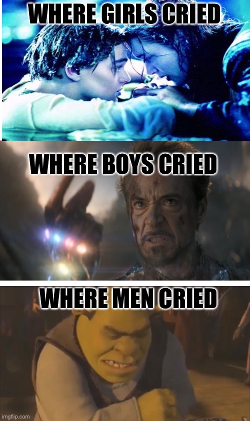 I’m still crying | WHERE GIRLS CRIED; WHERE BOYS CRIED; WHERE MEN CRIED | image tagged in and i am iron man,shrek,stab,rip,titanic,sad | made w/ Imgflip meme maker