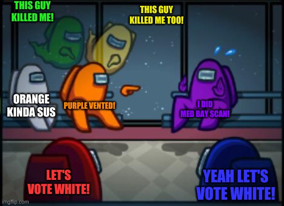 Every Among us meeting. | THIS GUY KILLED ME! THIS GUY KILLED ME TOO! ORANGE KINDA SUS; PURPLE VENTED! I DID MED BAY SCAN! LET'S VOTE WHITE! YEAH LET'S VOTE WHITE! | image tagged in among us blame | made w/ Imgflip meme maker