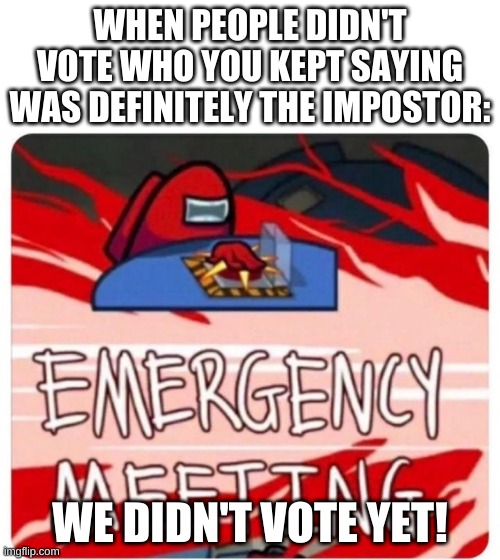 You should all know what this is like! | WHEN PEOPLE DIDN'T VOTE WHO YOU KEPT SAYING WAS DEFINITELY THE IMPOSTOR:; WE DIDN'T VOTE YET! | image tagged in emergency meeting among us | made w/ Imgflip meme maker