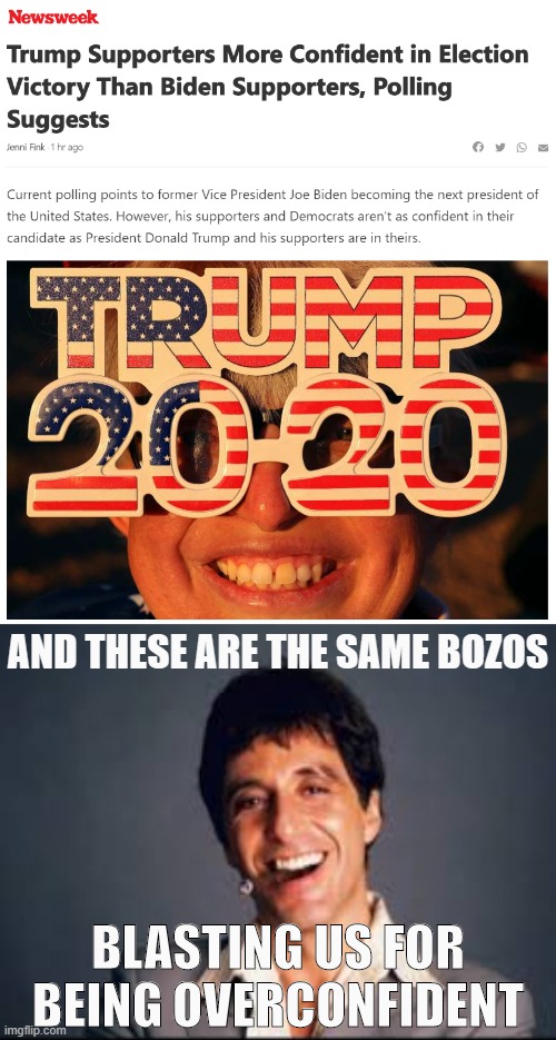 When the polls are pegging Biden's chances of victory at 89%, which prediction requires more wishful thinking? | AND THESE ARE THE SAME BOZOS; BLASTING US FOR BEING OVERCONFIDENT | image tagged in al pacino scarface,election 2020,2020 elections,trump 2020,election,polls | made w/ Imgflip meme maker