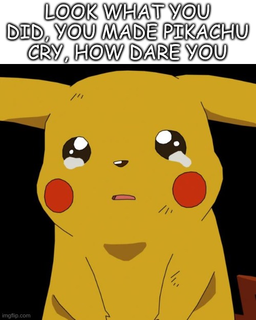 your a monster | LOOK WHAT YOU DID, YOU MADE PIKACHU CRY, HOW DARE YOU | image tagged in pikachu crying | made w/ Imgflip meme maker