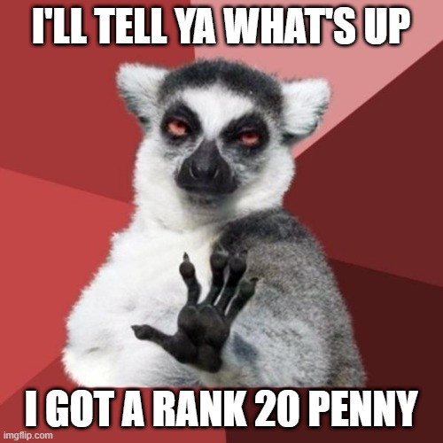 Chill Out Lemur Meme | I'LL TELL YA WHAT'S UP I GOT A RANK 20 PENNY | image tagged in memes,chill out lemur | made w/ Imgflip meme maker