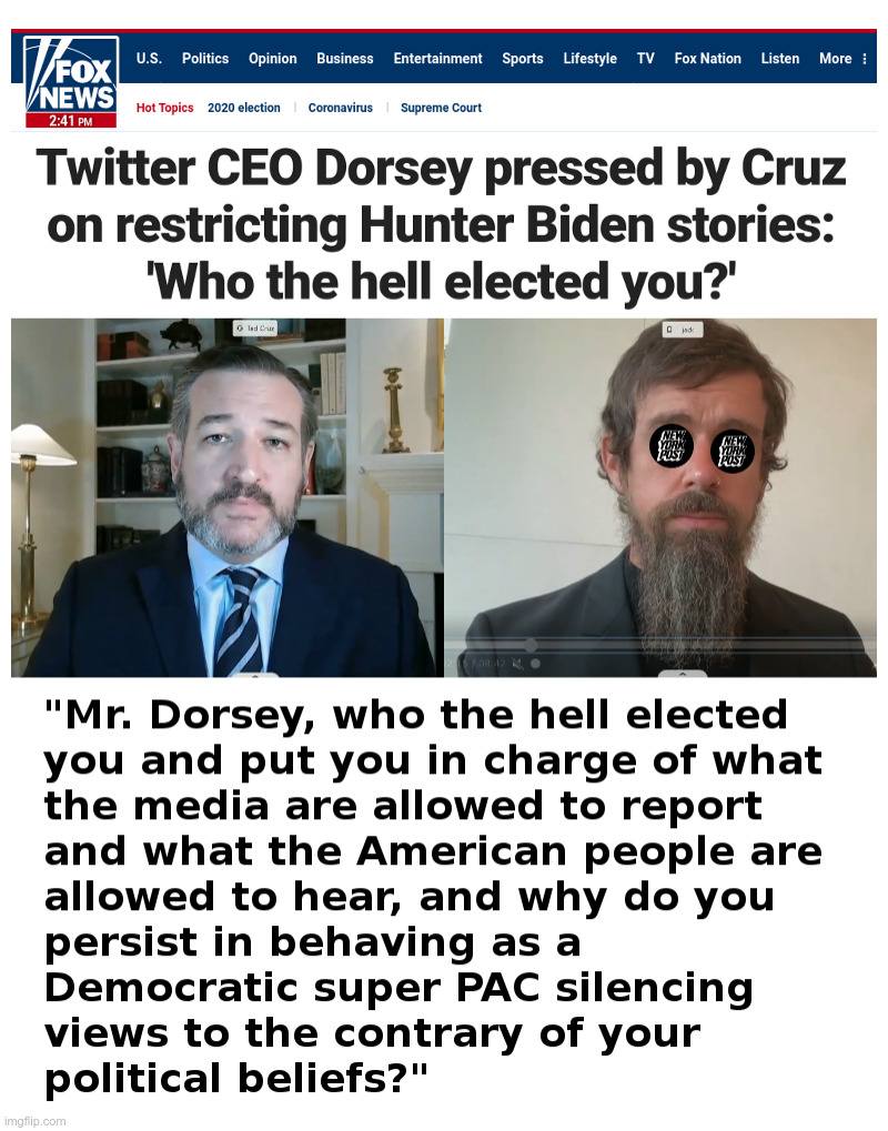 Ted Cruz: Who The Hell Elected You? | image tagged in ted cruz,jack dorsey,twitter,censorship,ny post | made w/ Imgflip meme maker