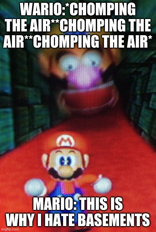 Wario Chasing Mario | WARIO:*CHOMPING THE AIR**CHOMPING THE AIR**CHOMPING THE AIR* MARIO: THIS IS WHY I HATE BASEMENTS | image tagged in wario chasing mario | made w/ Imgflip meme maker