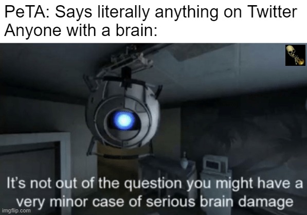 Minor case of serious brain damage | PeTA: Says literally anything on Twitter
Anyone with a brain: | image tagged in minor case of serious brain damage | made w/ Imgflip meme maker