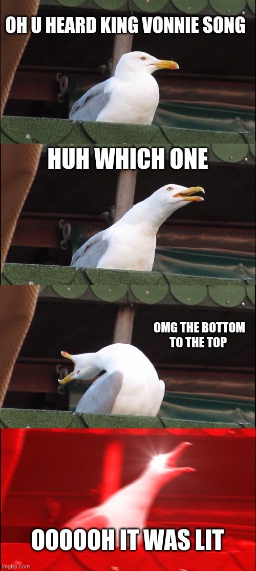 Inhaling Seagull | OH U HEARD KING VONNIE SONG; HUH WHICH ONE; OMG THE BOTTOM TO THE TOP; OOOOOH IT WAS LIT | image tagged in memes,inhaling seagull | made w/ Imgflip meme maker