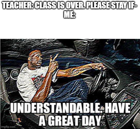 UNDERSTANDABLE, HAVE A GREAT DAY | TEACHER: CLASS IS OVER. PLEASE STAY IF-
ME: | image tagged in understandable have a great day,school | made w/ Imgflip meme maker