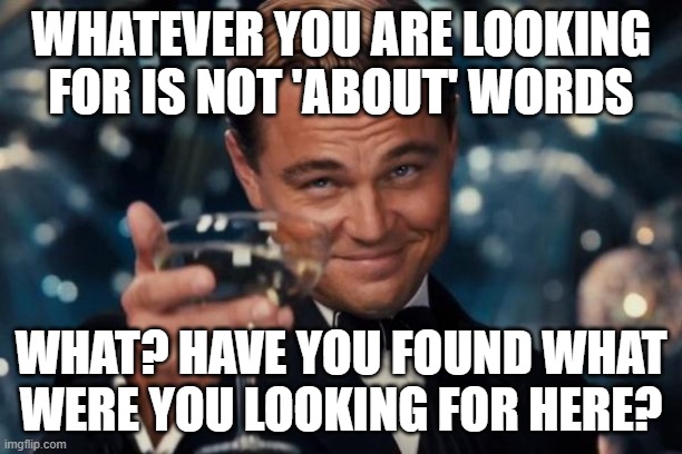 Leonardo Dicaprio Cheers Meme | WHATEVER YOU ARE LOOKING FOR IS NOT 'ABOUT' WORDS; WHAT? HAVE YOU FOUND WHAT WERE YOU LOOKING FOR HERE? | image tagged in memes,leonardo dicaprio cheers | made w/ Imgflip meme maker