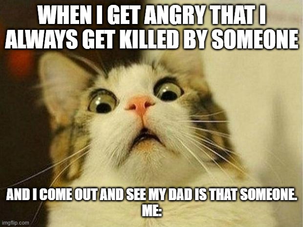 wtf | WHEN I GET ANGRY THAT I ALWAYS GET KILLED BY SOMEONE; AND I COME OUT AND SEE MY DAD IS THAT SOMEONE.
ME: | image tagged in memes,scared cat | made w/ Imgflip meme maker