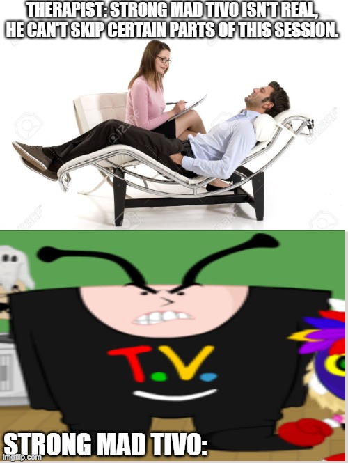 NGL Strong Mad Tivo be lookin B E E G. | THERAPIST: STRONG MAD TIVO ISN'T REAL, HE CAN'T SKIP CERTAIN PARTS OF THIS SESSION. STRONG MAD TIVO: | image tagged in therapist,memes,funny,strong mad,homestar runner | made w/ Imgflip meme maker