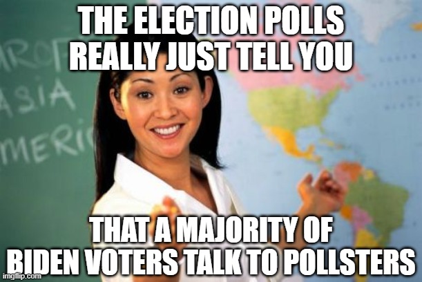 Unhelpful High School Teacher | THE ELECTION POLLS REALLY JUST TELL YOU; THAT A MAJORITY OF BIDEN VOTERS TALK TO POLLSTERS | image tagged in memes,unhelpful high school teacher | made w/ Imgflip meme maker