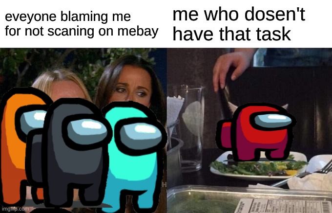 Woman Yelling At Cat | eveyone blaming me 
for not scaning on mebay; me who dosen't have that task | image tagged in memes,woman yelling at cat | made w/ Imgflip meme maker