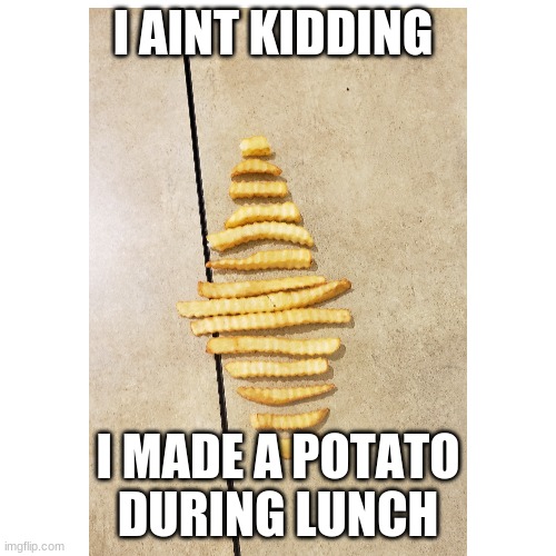 seriously tho | I AINT KIDDING; I MADE A POTATO DURING LUNCH | image tagged in for the heck of it | made w/ Imgflip meme maker