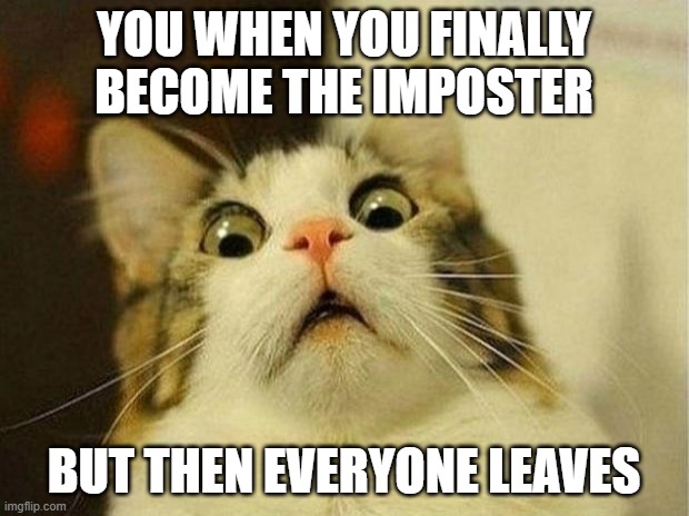 Among Us | YOU WHEN YOU FINALLY BECOME THE IMPOSTER; BUT THEN EVERYONE LEAVES | image tagged in memes,scared cat | made w/ Imgflip meme maker