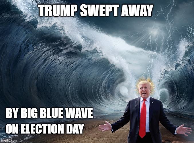 Big Blue Wave | TRUMP SWEPT AWAY; BY BIG BLUE WAVE; ON ELECTION DAY | image tagged in donald trump you're fired,election 2020,blue wave,democratic victory,dump trump,liberals rule | made w/ Imgflip meme maker