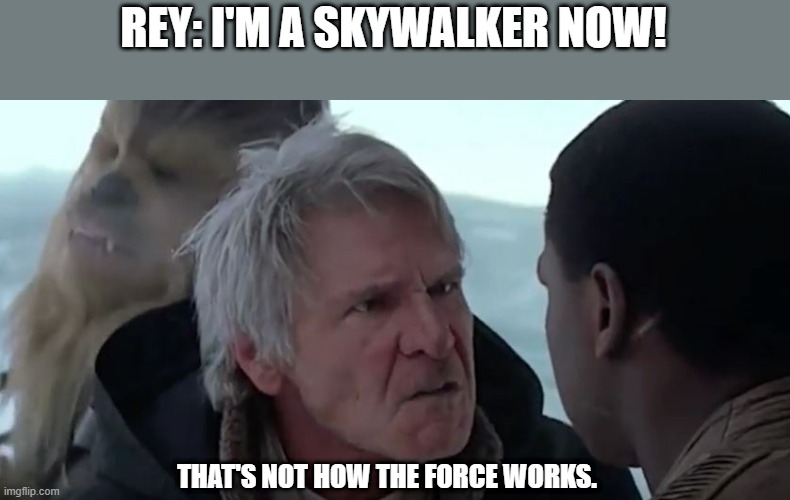 That's not how the force works  |  REY: I'M A SKYWALKER NOW! THAT'S NOT HOW THE FORCE WORKS. | image tagged in that's not how the force works | made w/ Imgflip meme maker