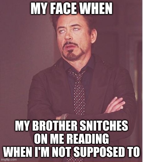 snitches get stitches(that is so corny) |  MY FACE WHEN; MY BROTHER SNITCHES ON ME READING WHEN I'M NOT SUPPOSED TO | image tagged in memes,face you make robert downey jr | made w/ Imgflip meme maker