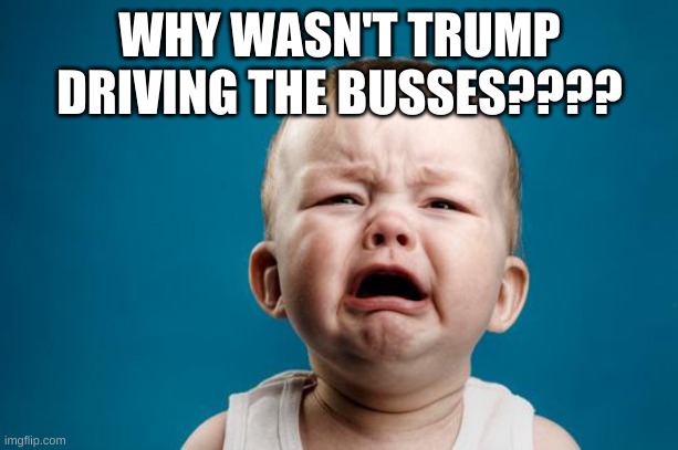 BABY CRYING | WHY WASN'T TRUMP DRIVING THE BUSSES???? | image tagged in baby crying | made w/ Imgflip meme maker