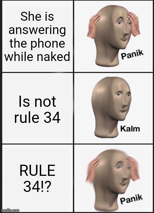 Panik Kalm Panik Meme | She is answering the phone while naked Is not rule 34 RULE 34!? | image tagged in memes,panik kalm panik | made w/ Imgflip meme maker