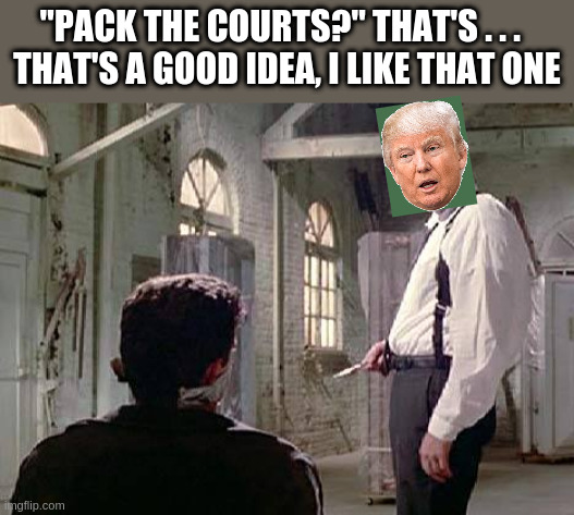 Reservoir Dogs | "PACK THE COURTS?" THAT'S . . .  
THAT'S A GOOD IDEA, I LIKE THAT ONE | image tagged in reservoir dogs | made w/ Imgflip meme maker