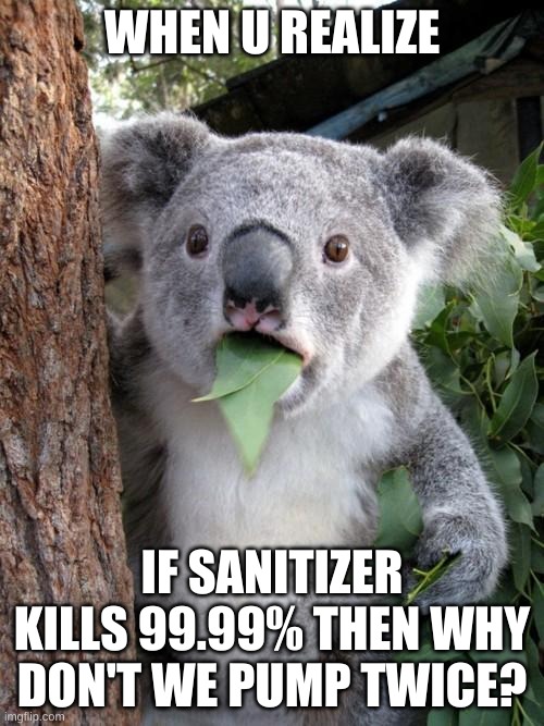 Surprised Koala Meme | WHEN U REALIZE; IF SANITIZER KILLS 99.99% THEN WHY DON'T WE PUMP TWICE? | image tagged in memes,surprised koala | made w/ Imgflip meme maker