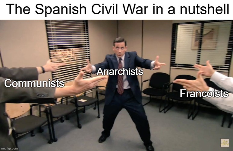 Spanish Civil War in a nutshell | The Spanish Civil War in a nutshell; Anarchists; Communists; Francoists | image tagged in the office finger guns,spain,history,communists,anarchism,fascism | made w/ Imgflip meme maker