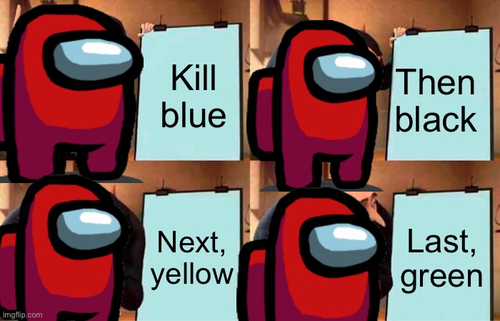 Gru's Plan | Kill blue; Then black; Next, yellow; Last, green | image tagged in memes,gru's plan | made w/ Imgflip meme maker