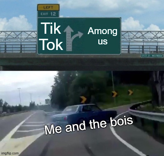 Left Exit 12 Off Ramp Meme | Tik Tok; Among us; Me and the bois | image tagged in memes,left exit 12 off ramp | made w/ Imgflip meme maker