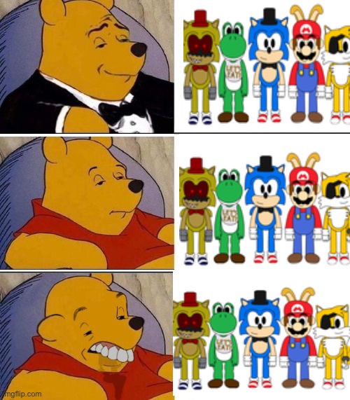 Tuxedo on Top Winnie The Pooh (3 panel) | image tagged in sonic the hedgehog,mario,yoshi,tails,super saiyan | made w/ Imgflip meme maker