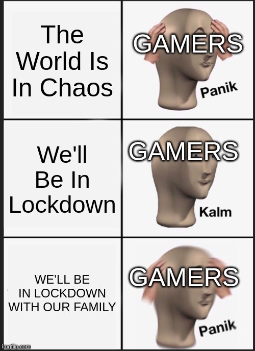 Lockdown When It Happened | The World Is In Chaos; GAMERS; GAMERS; We'll Be In Lockdown; GAMERS; WE'LL BE IN LOCKDOWN WITH OUR FAMILY | image tagged in memes,panik kalm panik | made w/ Imgflip meme maker