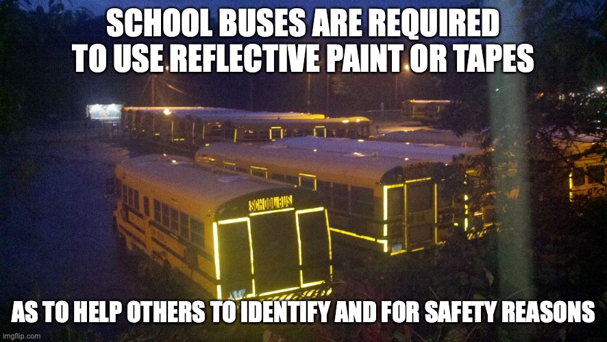 Reflective School Buses | SCHOOL BUSES ARE REQUIRED TO USE REFLECTIVE PAINT OR TAPES; AS TO HELP OTHERS TO IDENTIFY AND FOR SAFETY REASONS | image tagged in public transport,bus,memes | made w/ Imgflip meme maker