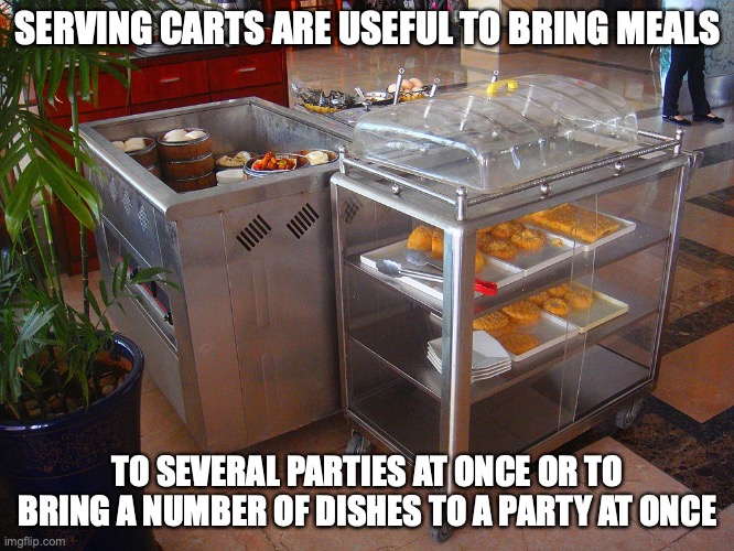 Serving Carts | SERVING CARTS ARE USEFUL TO BRING MEALS; TO SEVERAL PARTIES AT ONCE OR TO BRING A NUMBER OF DISHES TO A PARTY AT ONCE | image tagged in carts,memes | made w/ Imgflip meme maker