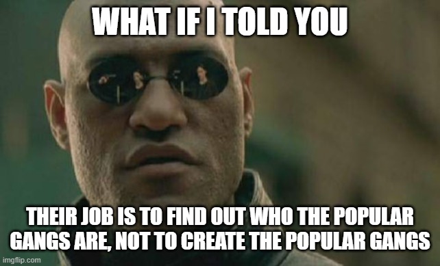 Matrix Morpheus Meme | WHAT IF I TOLD YOU THEIR JOB IS TO FIND OUT WHO THE POPULAR GANGS ARE, NOT TO CREATE THE POPULAR GANGS | image tagged in memes,matrix morpheus | made w/ Imgflip meme maker